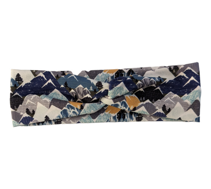 Navy Grey Teal and Mustard Sketch Mountains headbands
